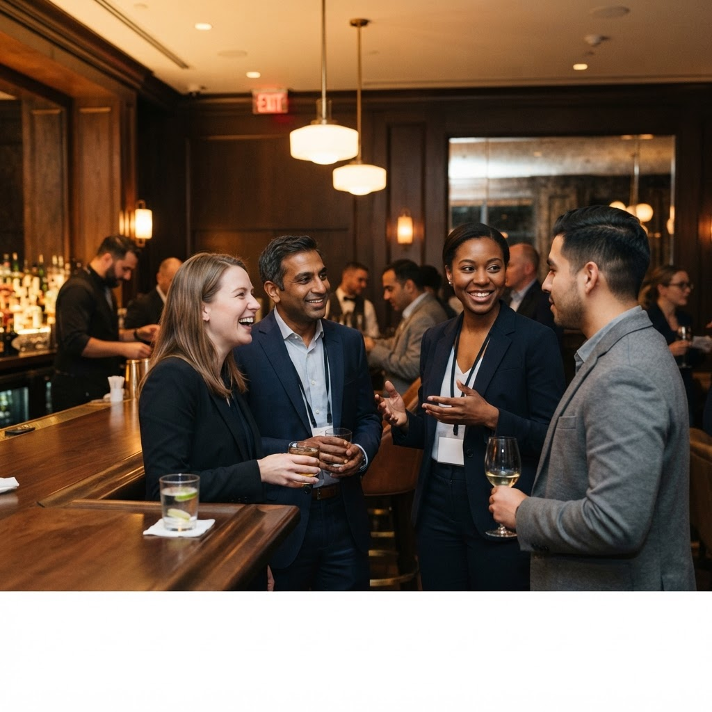 Casual professional networking at a hotel bar