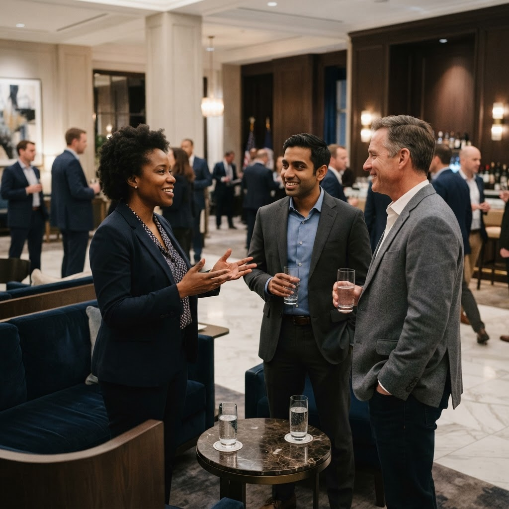 Policy professionals making an introduction in a hotel lobby